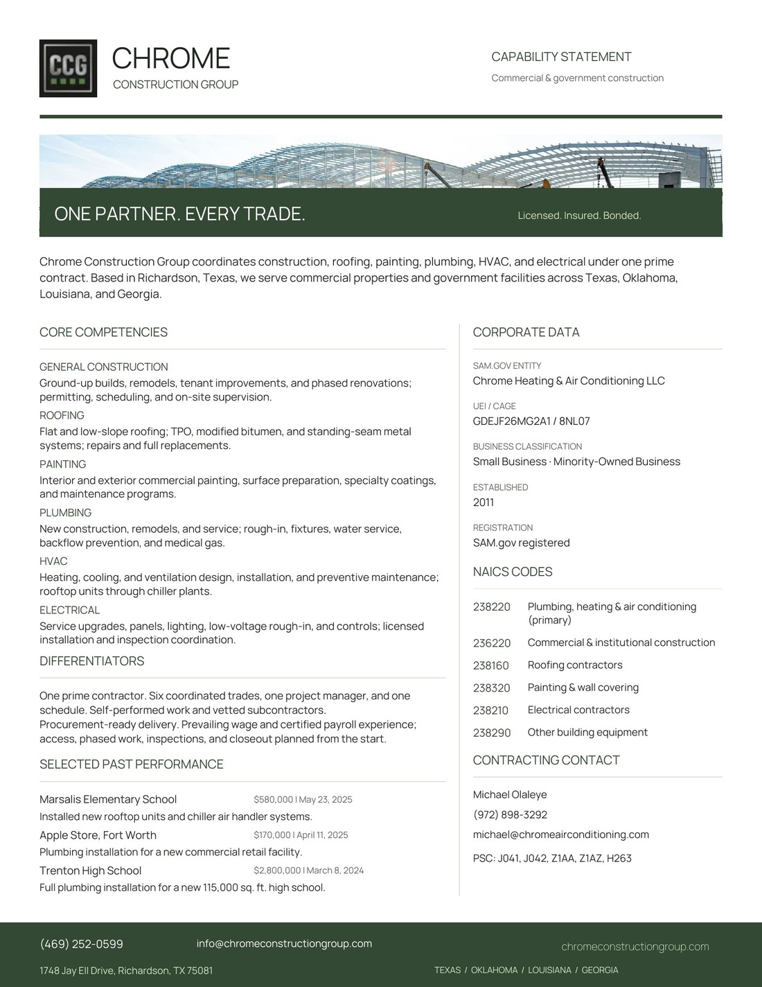 Chrome Construction Group capability statement with core competencies, corporate data, and selected past performance